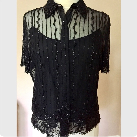Vintage Black Beaded Blouse Emanuel Ungaro Beaded Net Blouse - Picture 2 of 6